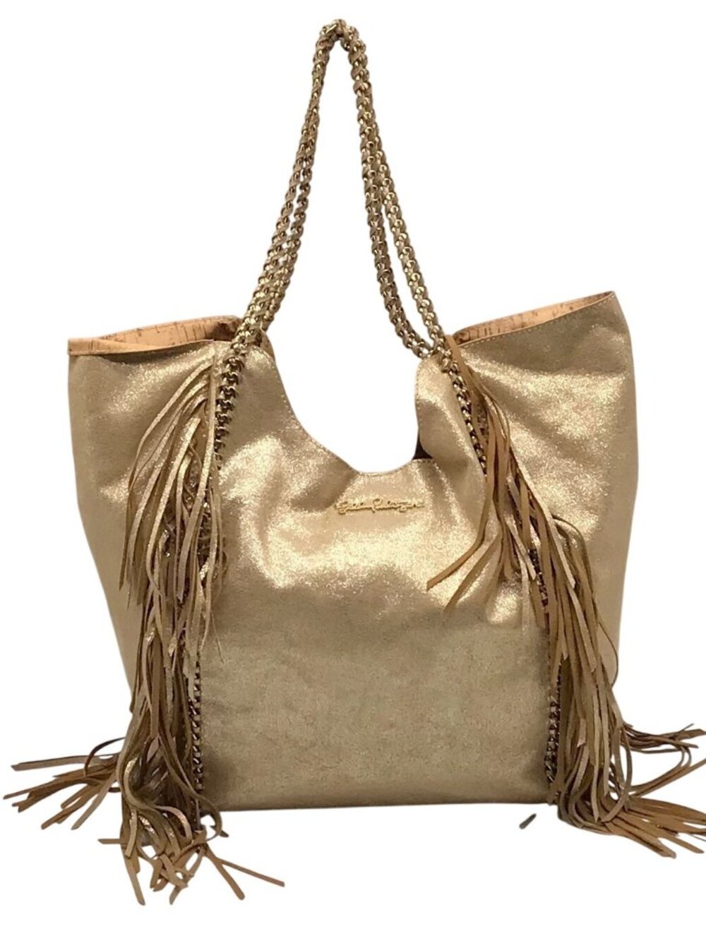 Lilly Pulitzer Metallic Gold Fabric Fringe Tote Bag